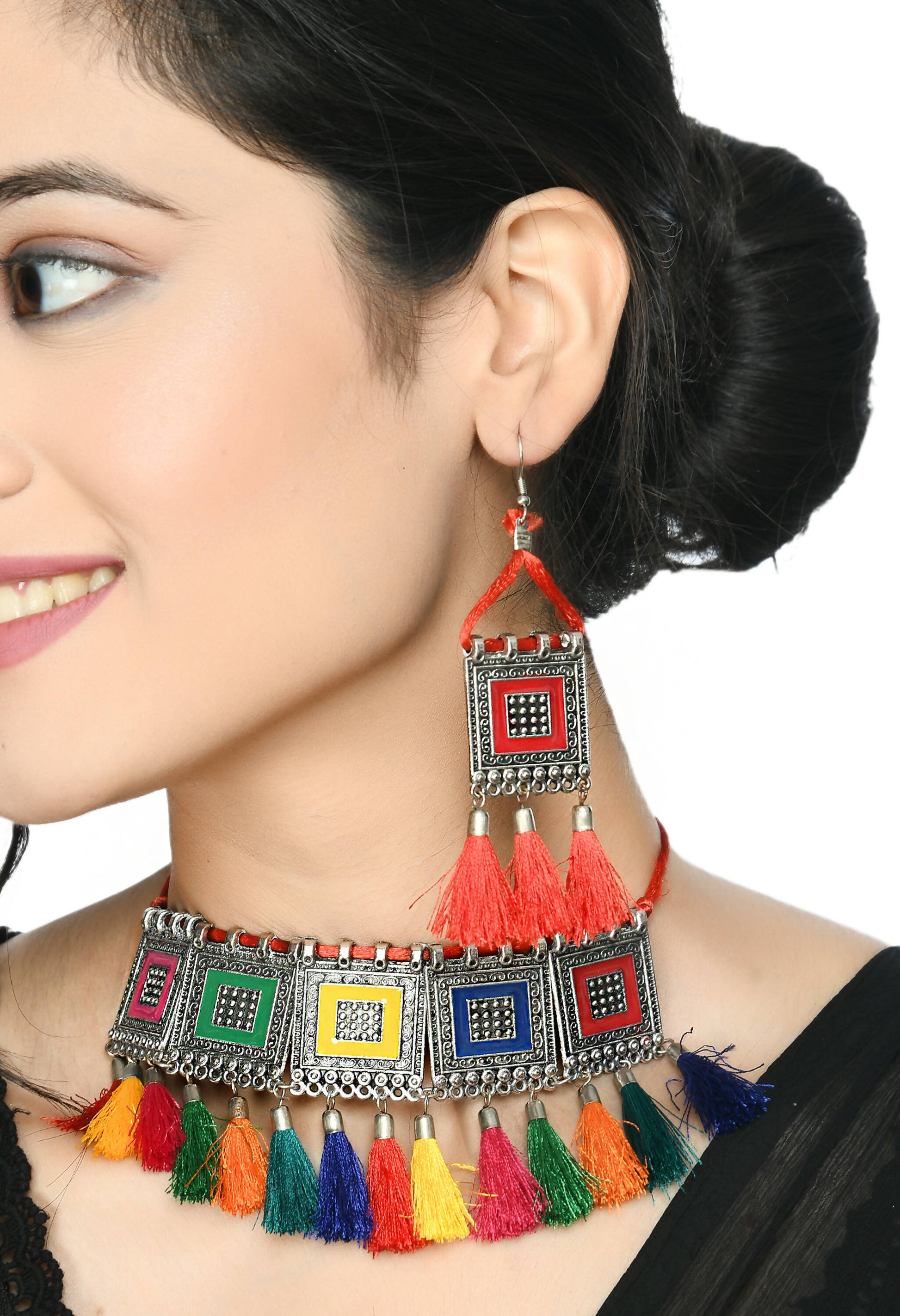 Mominos Fashion Johar Kamal Oxidised Silver-Plated Brass Finish Tassel Work Handicraft Choker For Women (Multi) - Grab2buy