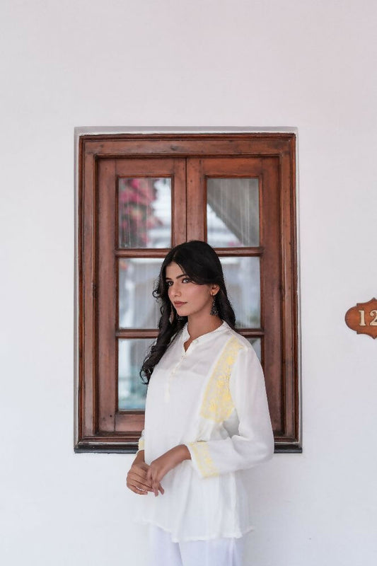 Zibaa Ivory & Yellow Muslin Short Chikankari Kurti | Grab2Buy