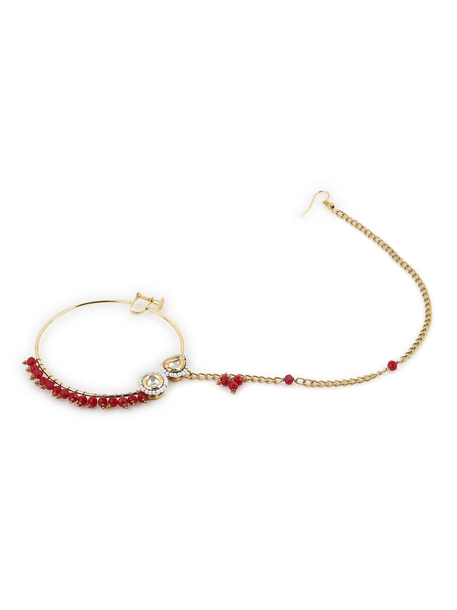 Gold-Plated White Red Kundan-Studded Pearl Beaded Nosepin - Ruby Raang - Grab2buy