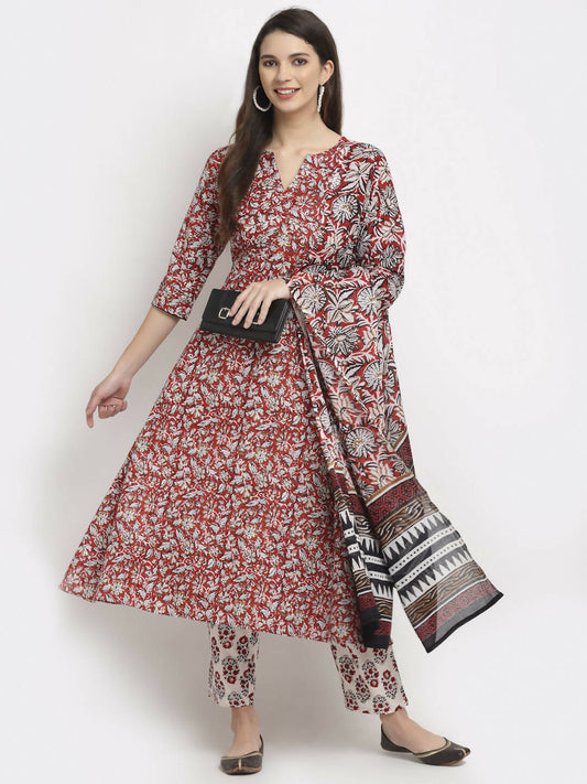 Rudra Bazaar Leaf Printed Anarkali Red Suit Set With Dupatta