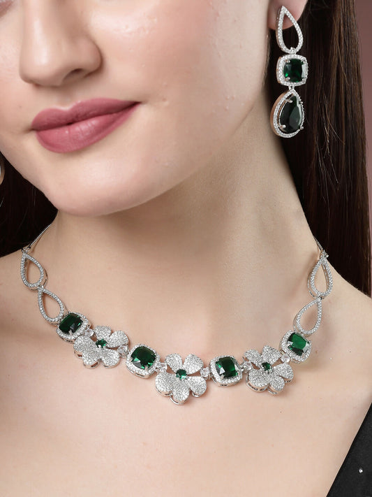 NVR Women's Green & Silver-Plated American Diamond Handcrafted Jewellery Set - Grab2buy