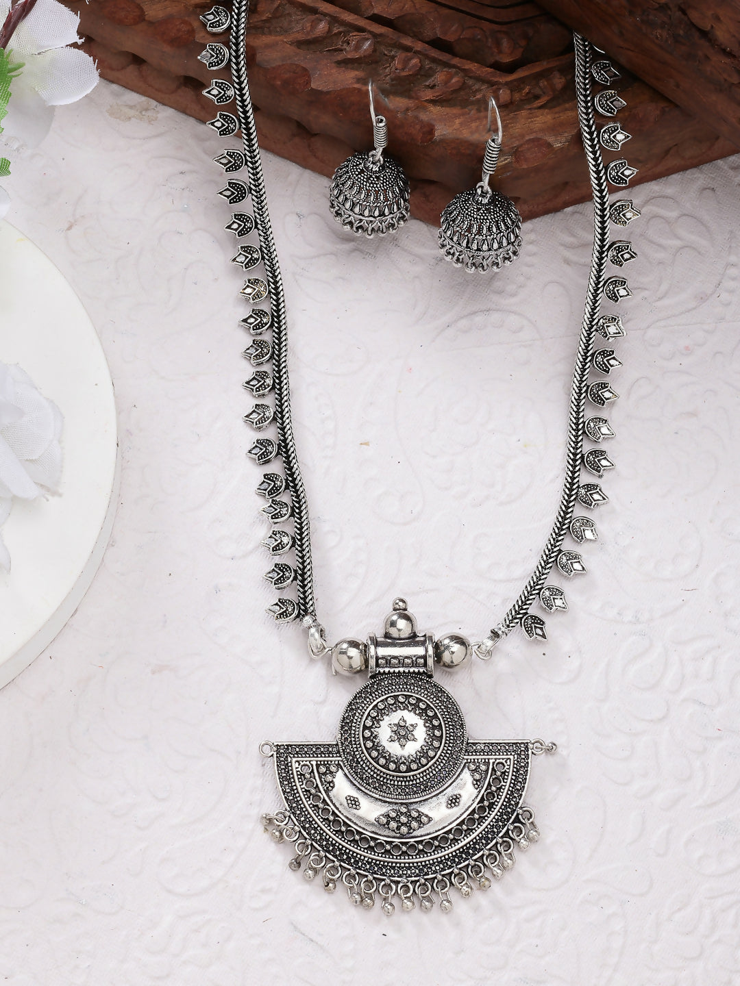 NVR Women's Silver-Toned German Silver Oxidised Necklace with Jhumka Earrings - Grab2buy