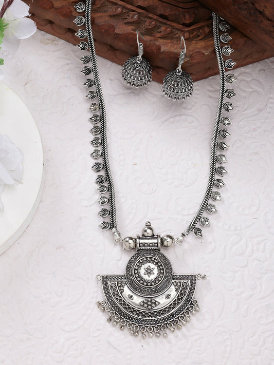 NVR Women's Silver-Toned German Silver Oxidised Necklace with Jhumka Earrings - Grab2buy