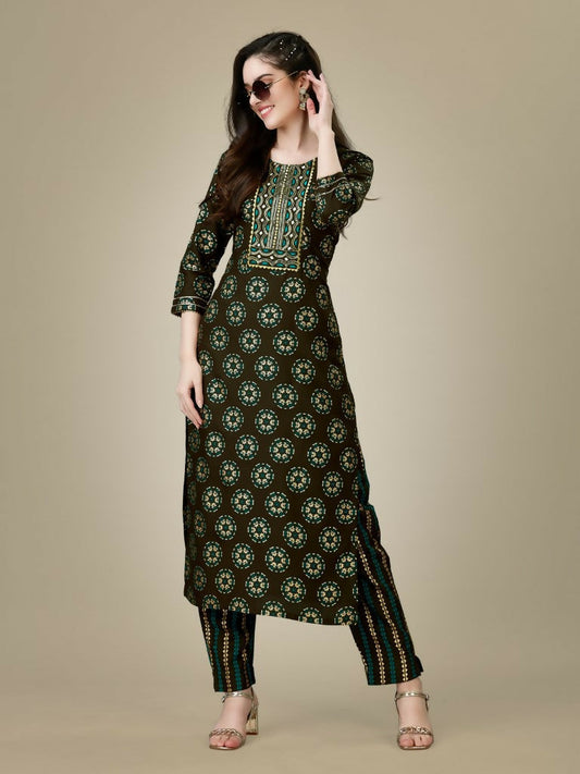 Jyoti Fashion Women's Dark Coffee Rayon Embroidered Kurta Pant Set | Swadesiicart
