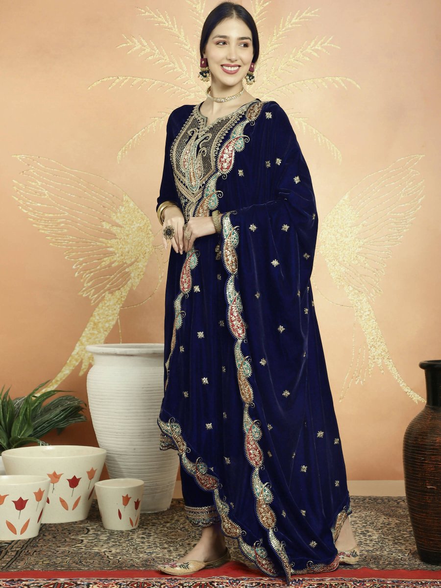 Aastha Fashion Women's Navy Blue Velvet Cording with Resham Thread & Sequin Kurta with Trouser & Dupatta - Grab2buy