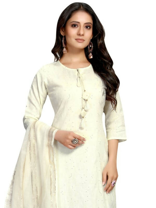 Aastha Fashion Women's Off White Cotton Flex Embroidered Kurta with Trouser & Dupatta - Grab2buy
