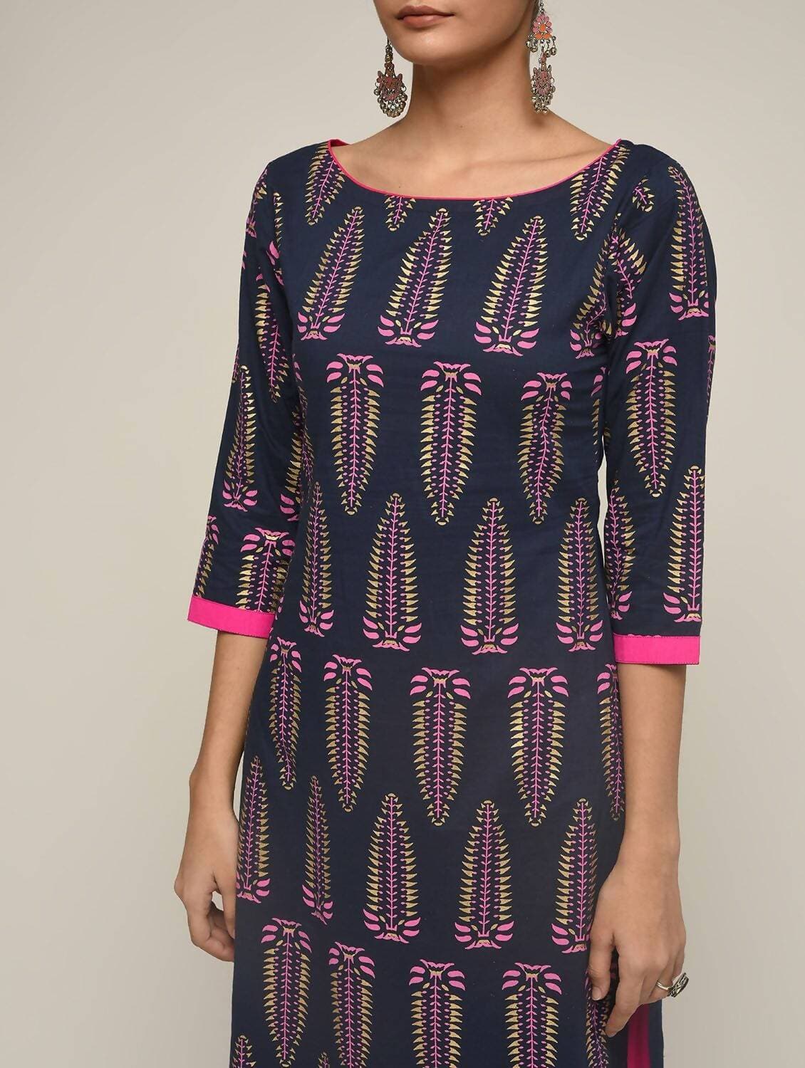 Cheera Hand Block Print Navy Straight Kurta (MAAI-068K)