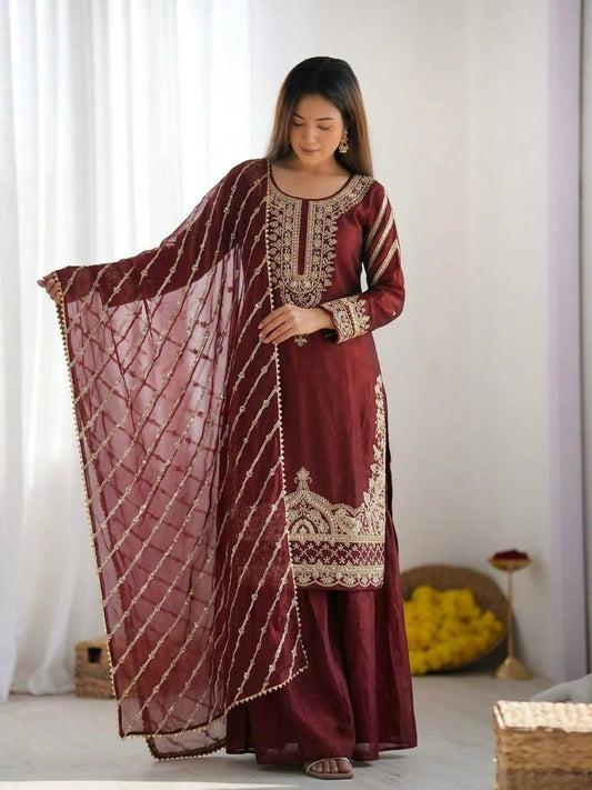 Teeya Creation Womens New Trendy Stylish Fancy Embroidery Beads Work Kurta Sharara Set For Wedding Wear - Red