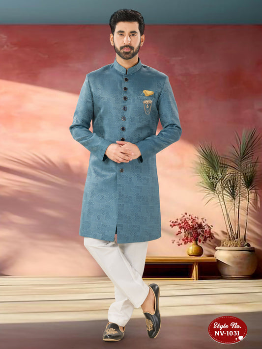 Joban Fashion Men's Blue Straight Imported Tr Self-Design In Fabric Indo-Western Kurta Set