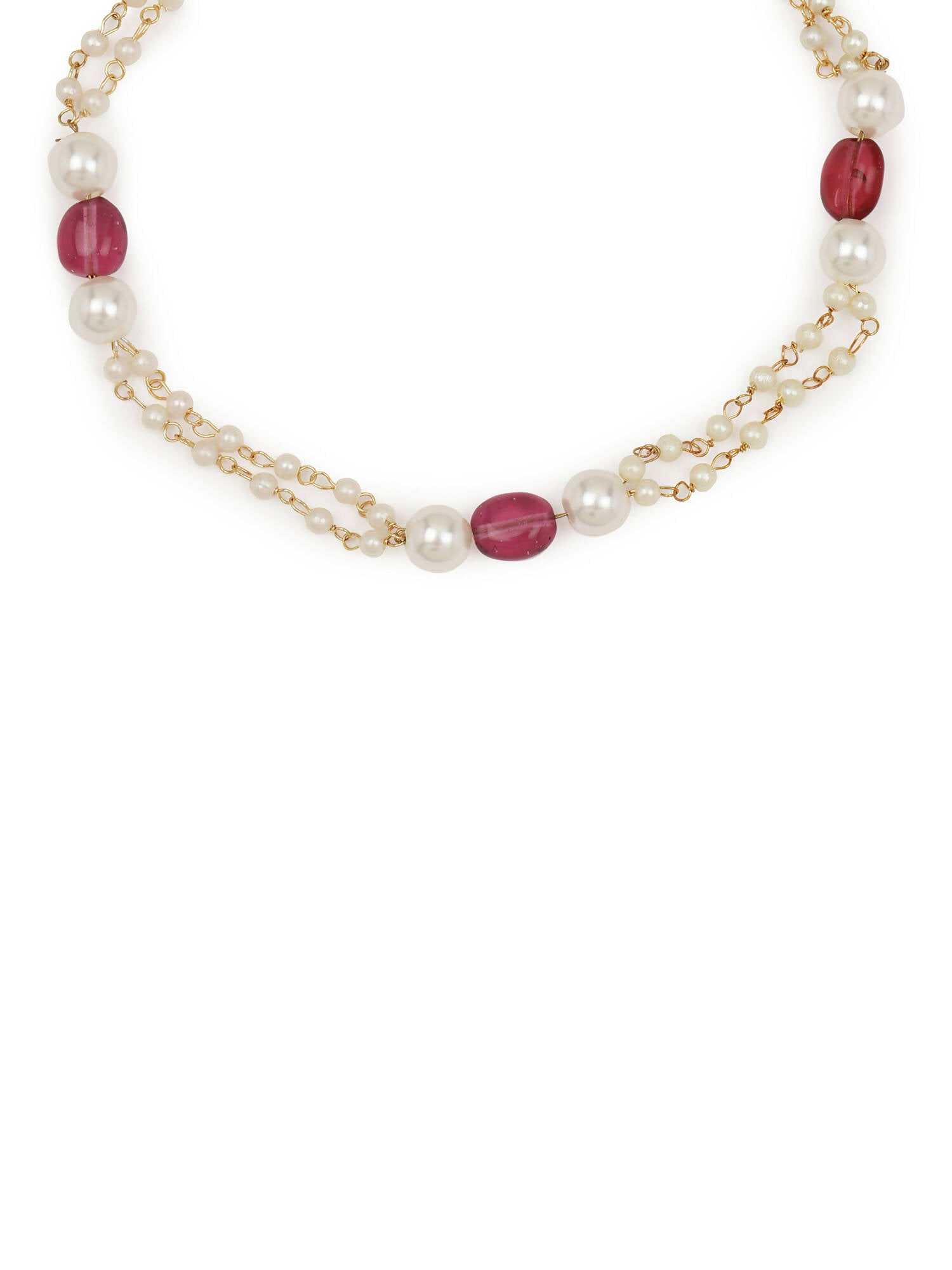 Gold-Plated Pink White Pearl Beaded Anklets Set Of 2 - Ruby Raang - Grab2buy