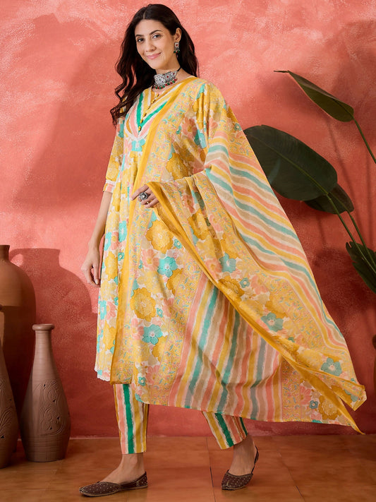 Joban Fashion Printed Mustard Pure Cotton Kurta Set