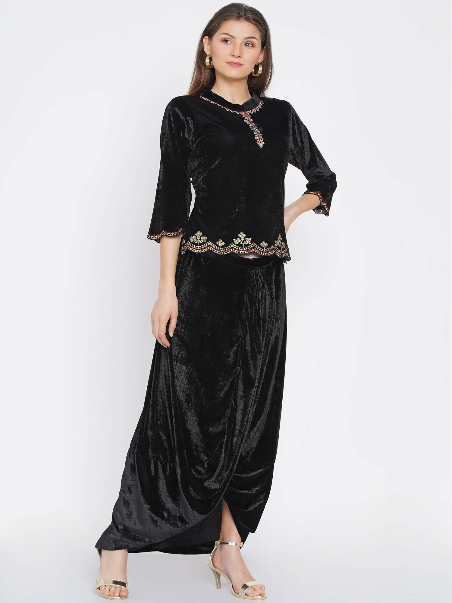 Women Republic Black Velvet Embroiderd Koti With Dhoti Pants - Grab2buy