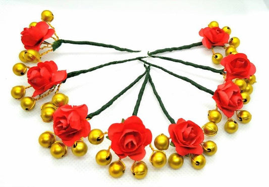 Red Rose Flower With Gold Beaded Hair Brooches (Set of 8 Brooches) Grab2Buy Mokshi Collections Grab2Buy