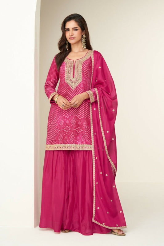 Anaita Magenta Chinon Stitched Suit with Digital Print & Embroidery Coding Sequence Work