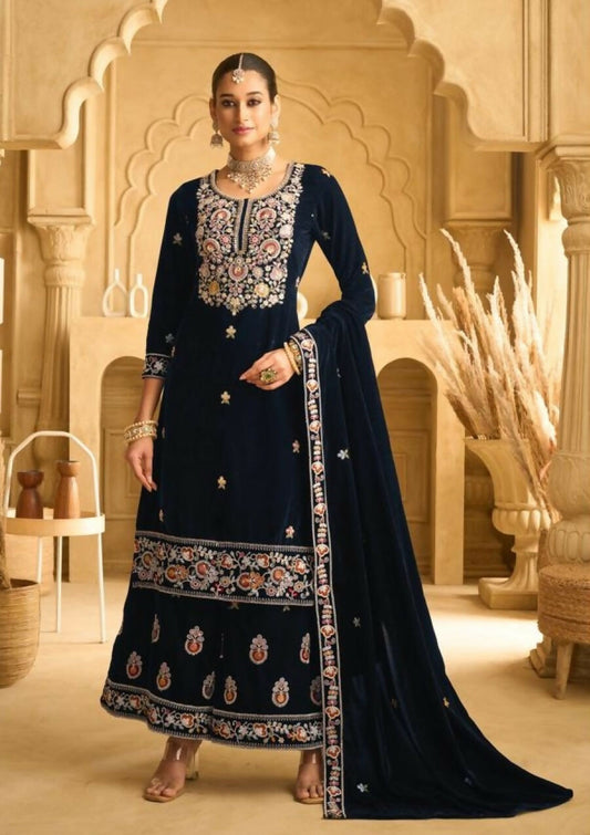 Anaita Dark Blue Embroidered with Beads Velvet Stitched Plazo Suit