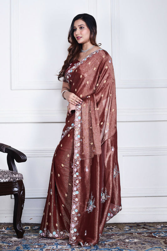Morchari Brown Pure Chiffon Hand Embroidery Saree And Stitched Blouse