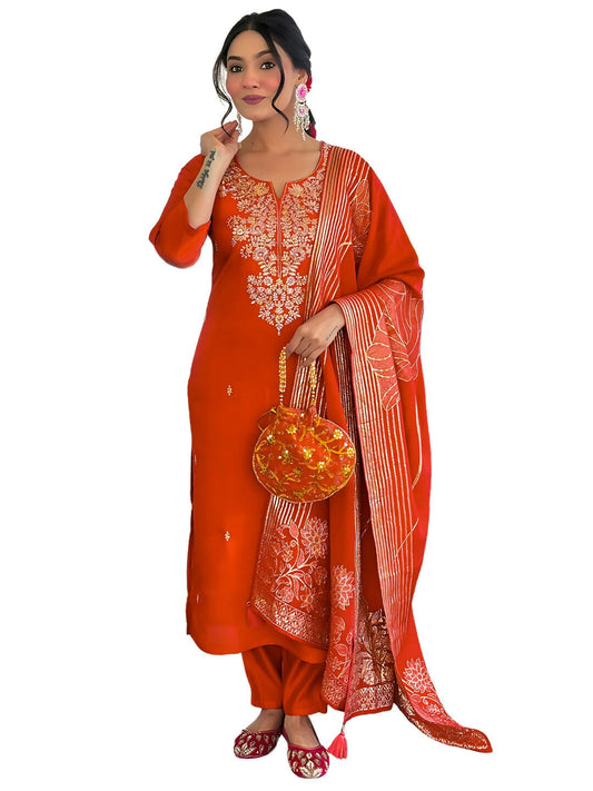 The52 Rust Women's Gorgeous Roman Silk Fabric Straight Kurta, Pant and Dupatta Set | Grab2Buy