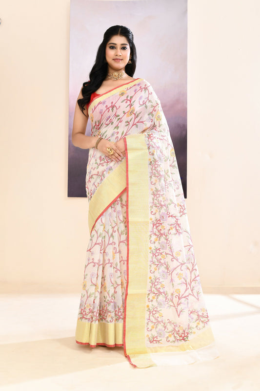 Piyari Fashion Women's White Embellished Cotton Blend Printed Saree