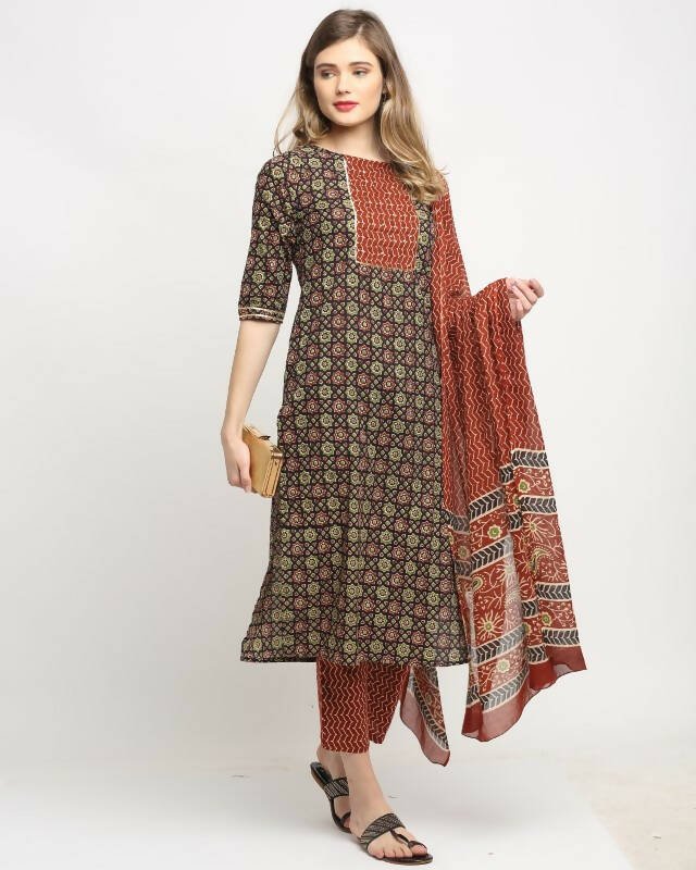 Aastha Fashion Women's Multicolor Cotton Printed Kurta with Trouser & Dupatta - Grab2buy