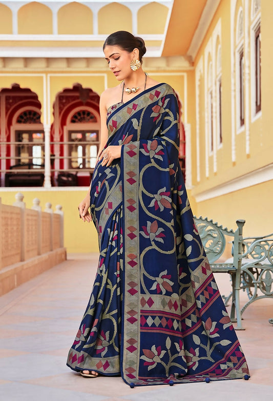 Monjolika Fashion Silk Blend Navy Blue Printed Saree