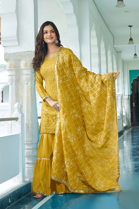 Joban Fashion Yellow Chinon Silk Embroidery Sequence Work Readymade Kurta Set