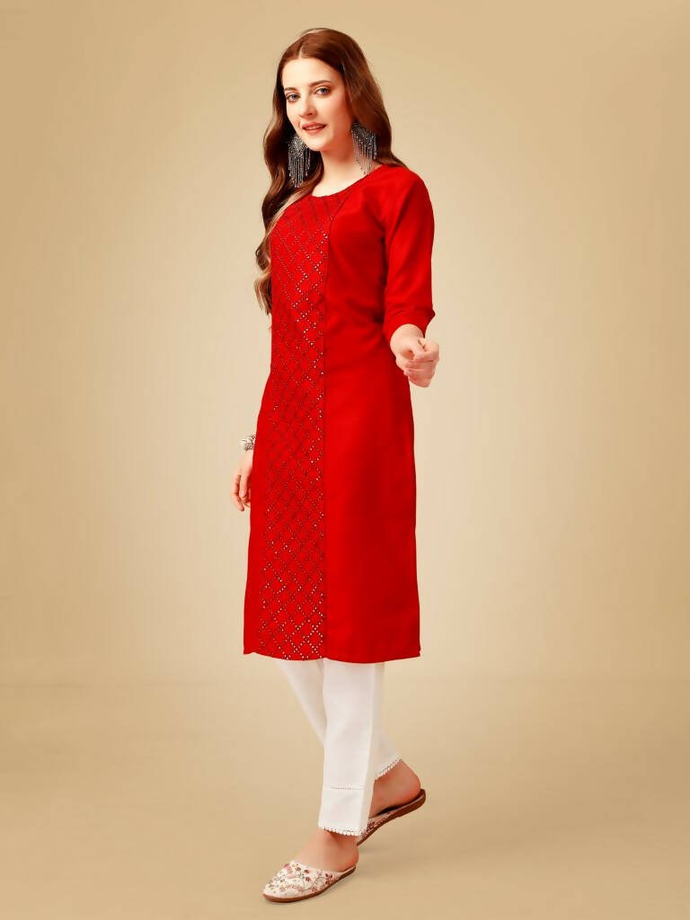 Aastha Fashion Women's Red Cotton Blend Embroidered Kurta Pant Set - Grab2buy