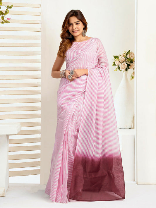 Joban Fashion Light Pink Striped Linen Ready To Wear Saree With Unstitched Blouse