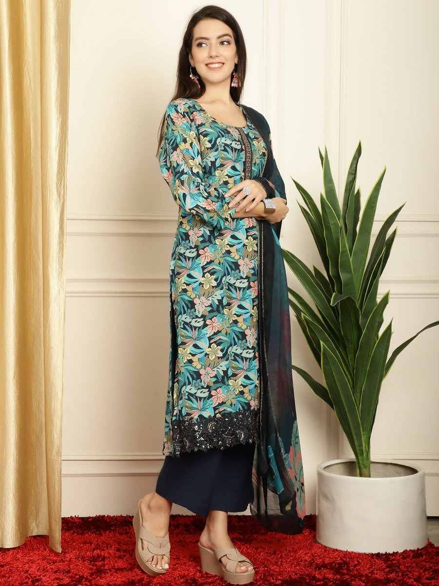 Aastha Fashion Women's Navy Blue Muslin Digital Printed with Embroidered Lace work Kurta with Trouser & Dupatta - Grab2buy