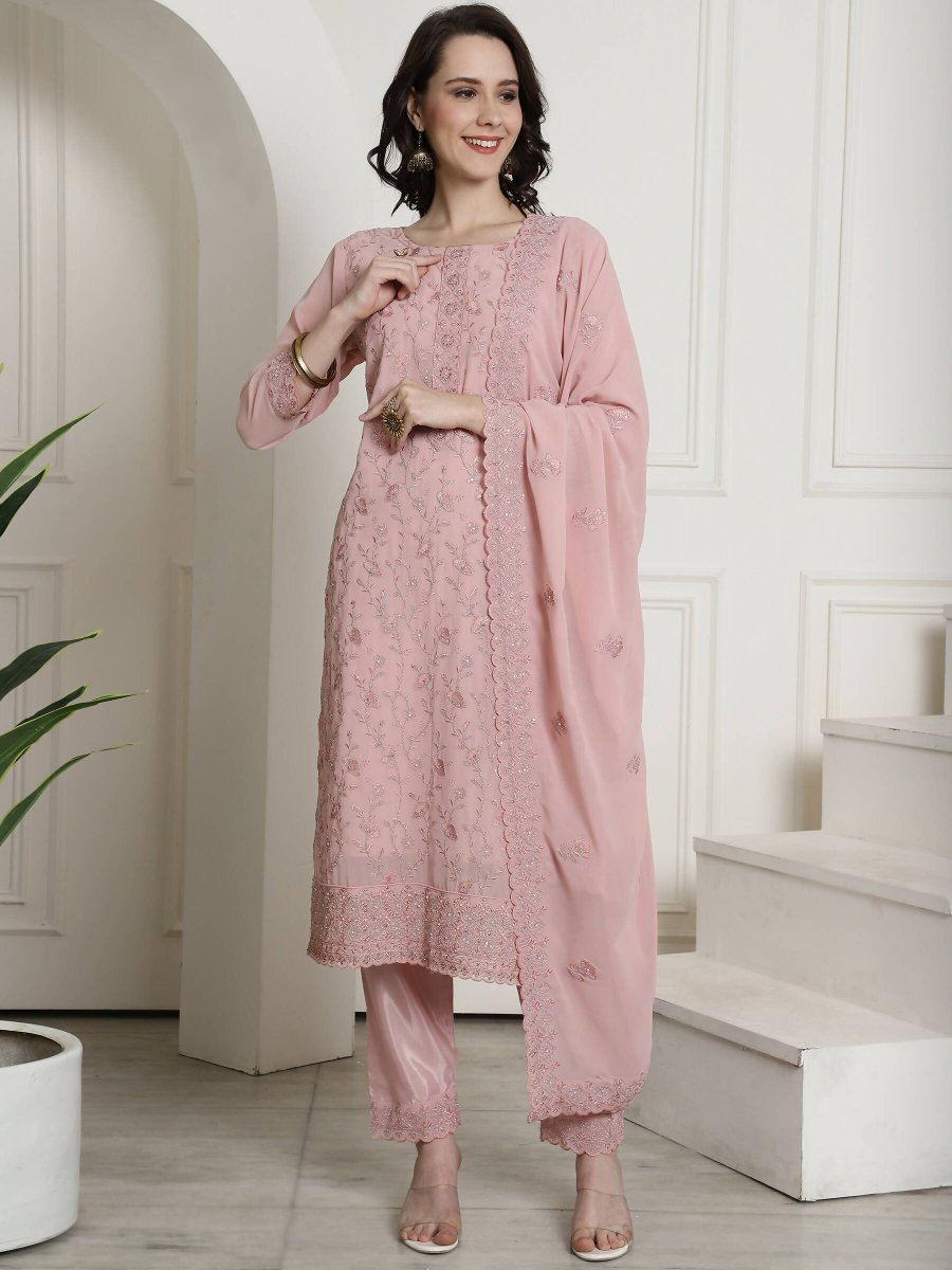 Aastha Fashion Women's Pink Georgette Floral Resham Thread with Cording & Crystal work Kurta with Trouser & Dupatta - Grab2buy