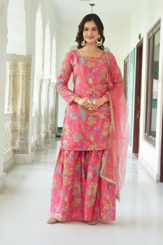 Joban Fashion Pink Chinnon Embroidery Sequence Work Readymade Kurta Set