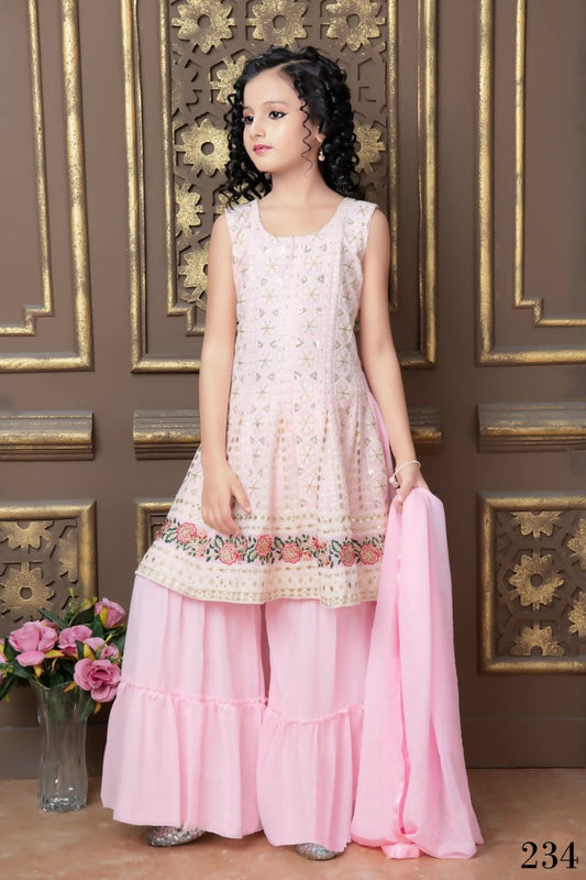 Kids Wedding Designer Pink Faux Georgette Sharara Suit - Aaradhna