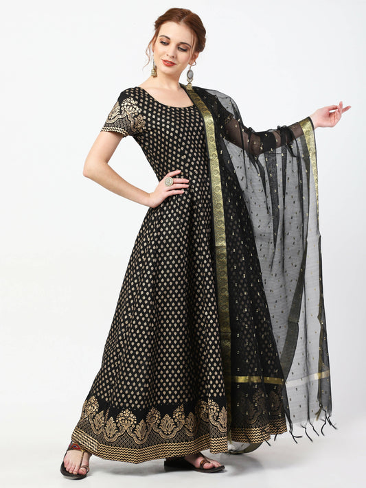 Cheera Women's Black Cotton Hand Block Print Long Dress With Silk Dupatta Set