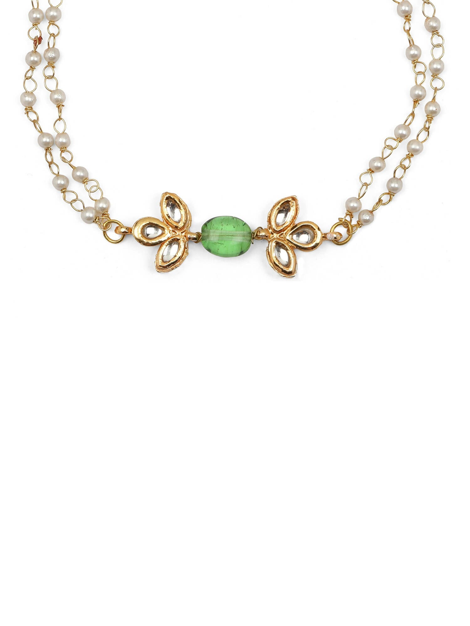 Gold Plated Green White Kundan Beads Anklet Set Of 2 - Ruby Raang - Grab2buy