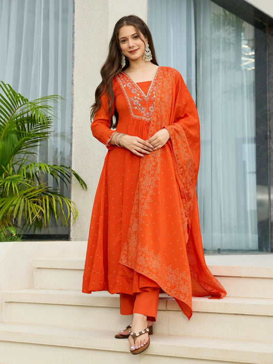 The52 Orange Women's Gorgeous Embroidered Chinon Fabric Flared Kurta Pant and Dupatta Set | Grab2Buy