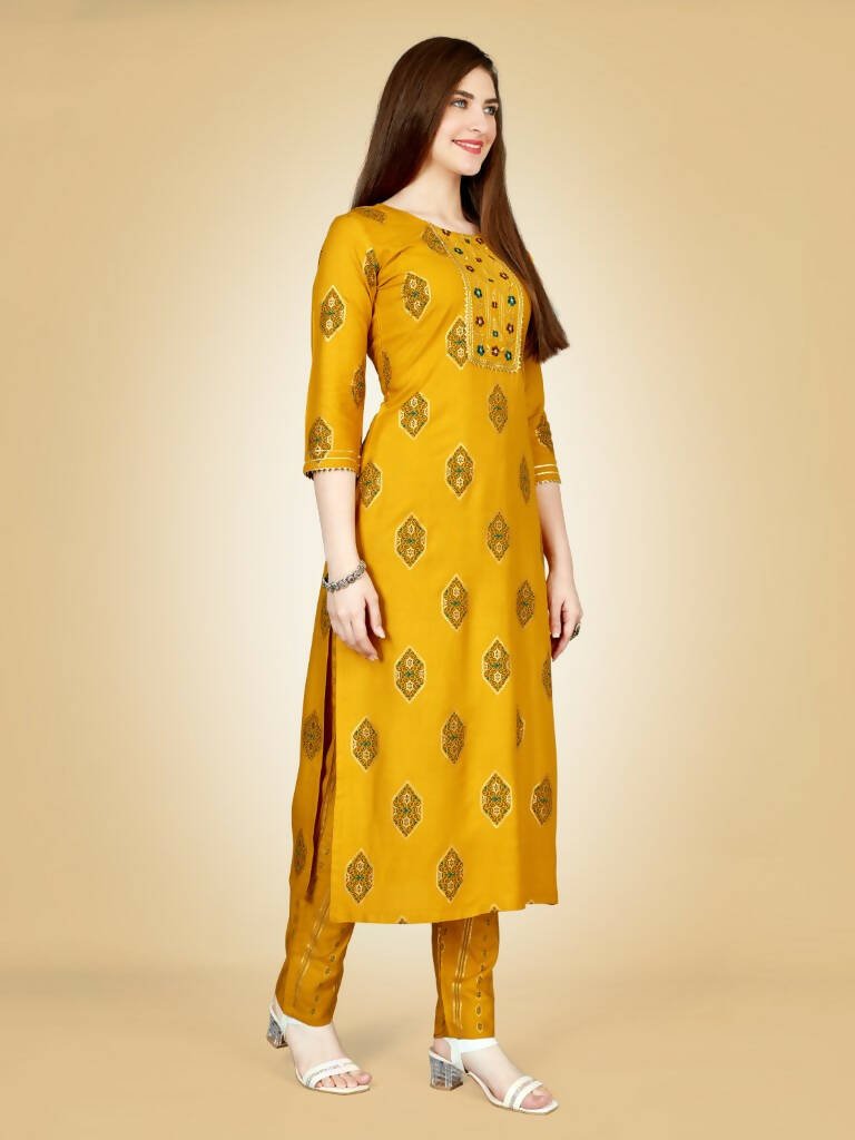 Aastha Fashion Women's Yellow Viscose Rayon Embroidered Kurta Pant Set - Grab2buy