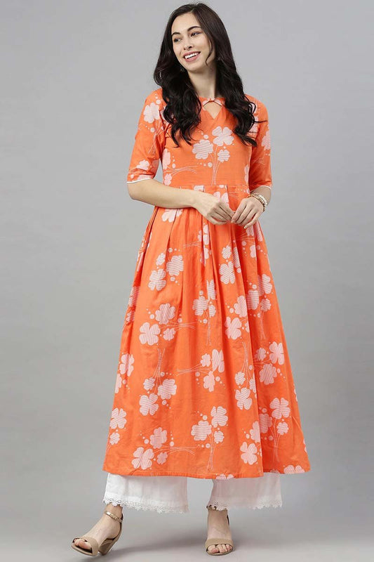 Ahika Orange Floral Printed Keyhole Neck Kurta