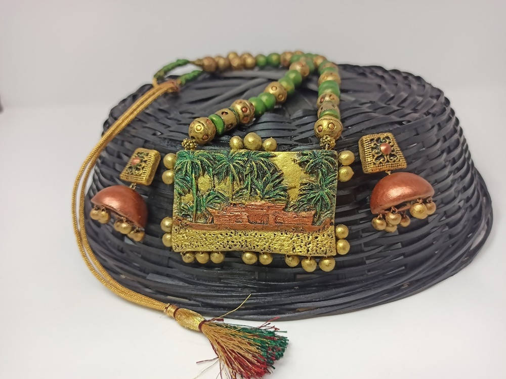 Terracotta Kerala Style Mansion Boat Pendant Long Necklace Set With Temple Earrings