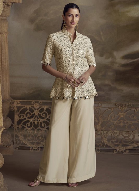 Vegaa Fashion Cream Georgette Embroidered Palazzo Suit Grab2Buy Vegaa Fashion Grab2Buy
