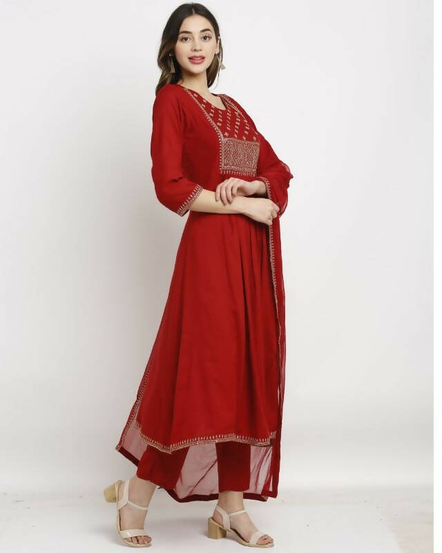 Aastha Fashion Women's Maroon Rayon Slub Embroidered Kurta with Trouser & Dupatta - Grab2buy