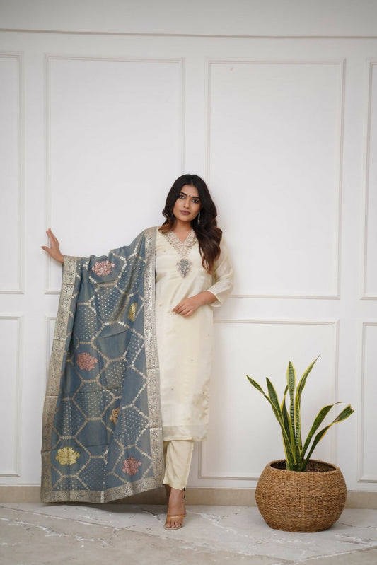 The52 Off White Beautiful Embroidered Viscose Chanderi Fabric Straight Kurta Pant with Dupatta Set | Grab2Buy