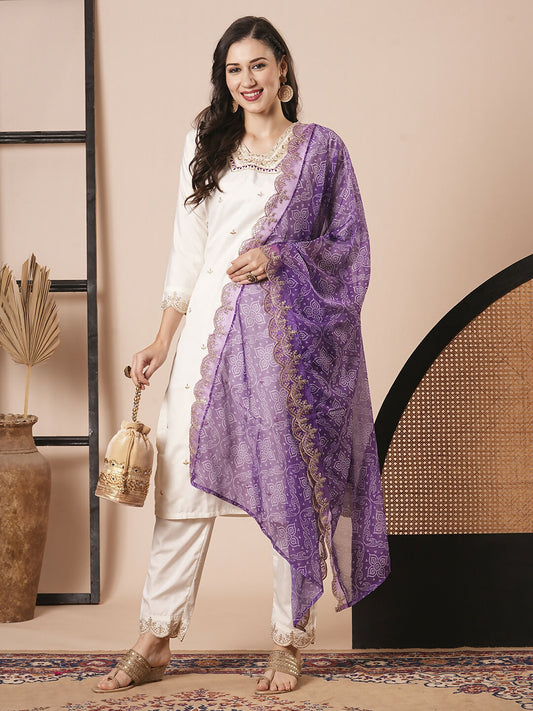 Off White Roman Silk Embroidery Work, Printed Kurta Set - Riya