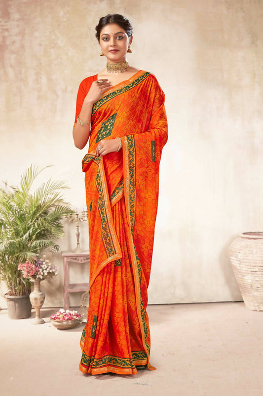Orange Georgette Bandhni Printed Saree With Unstitched Blouse Piece - Shanaya