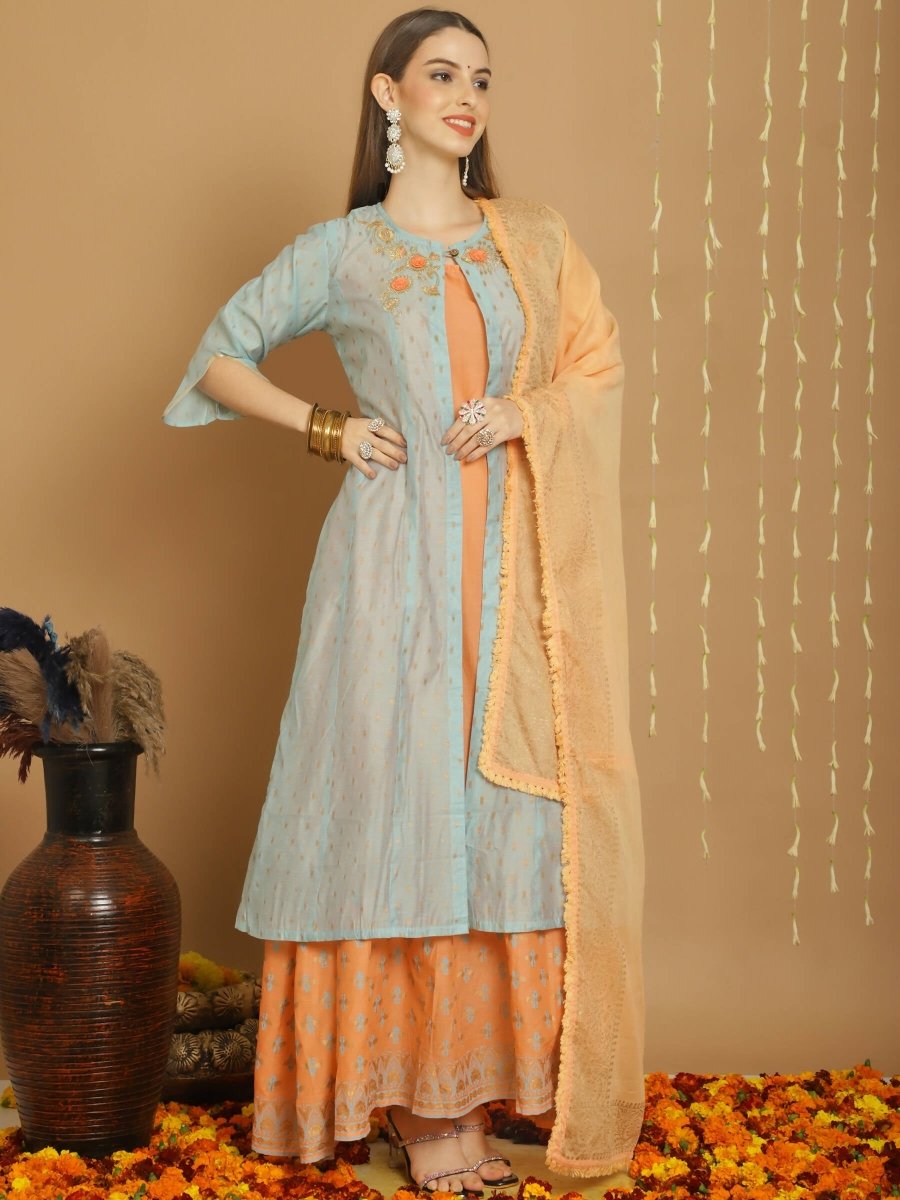 Aastha Fashion Women's Turquoise Chanderi Silk Elegant Jardoshi Kurta with Trouser & Dupatta - Grab2buy