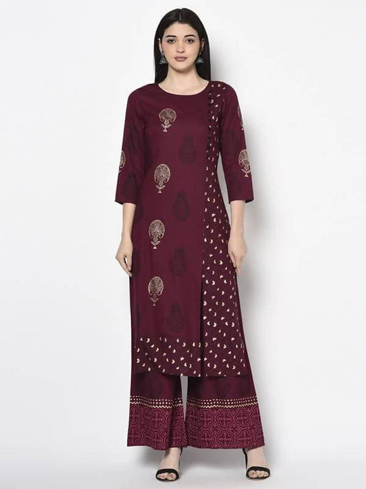 Aniyah Rayon Wine Color Block Print Straight Kurta (AN-175K) | Grab2Buy