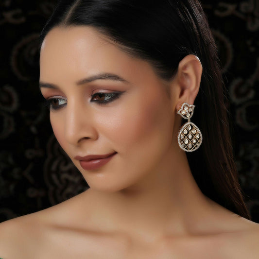 Jhallar Kundan and Diamond Dangler Earrings (Gold) - Ruby Raang - Grab2buy