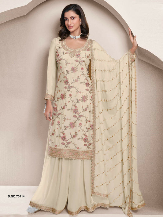 Anaita Off White Heavy Chinon With Embroidery Sharara Suit (bottom Stitched)