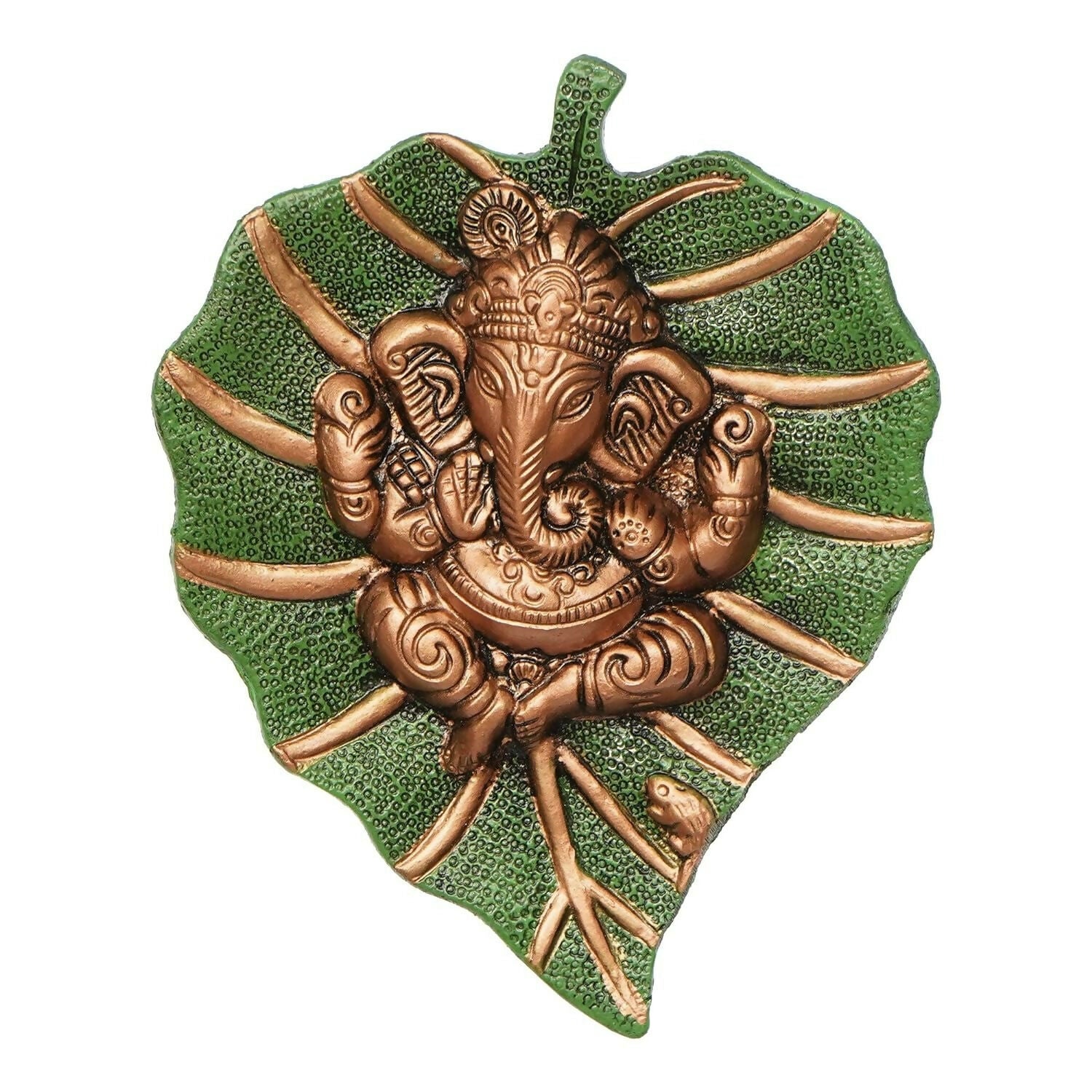 eCraftIndia Metal Golden Lord Ganesha On Green Leaf Wall Hanging Sculpture - Grab2buy