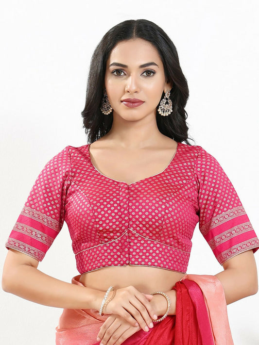 Joban Fashion South Pink Brocade Padded Blouse With Round Neck Elbow Sleeves