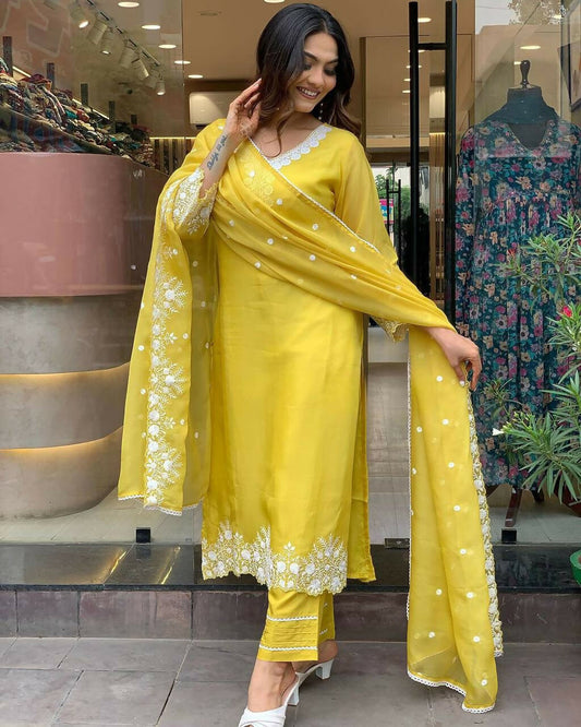 The52 Yellow Women's Gorgeous Embroidered Georgette Fabric Straight Kurta Pant with Dupatta Set | Grab2Buy