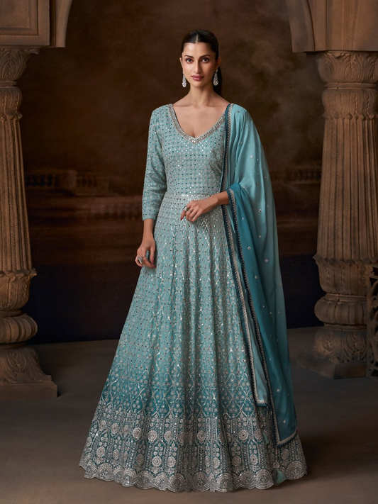 Anaita Blue Real Georgette Stitched Anarkali Suit with Embroidery & Sequence Work